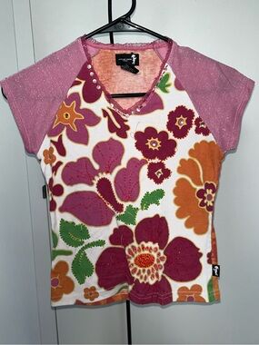 Vintage Pink Floral Beaded Short Sleeve Graphic Tee